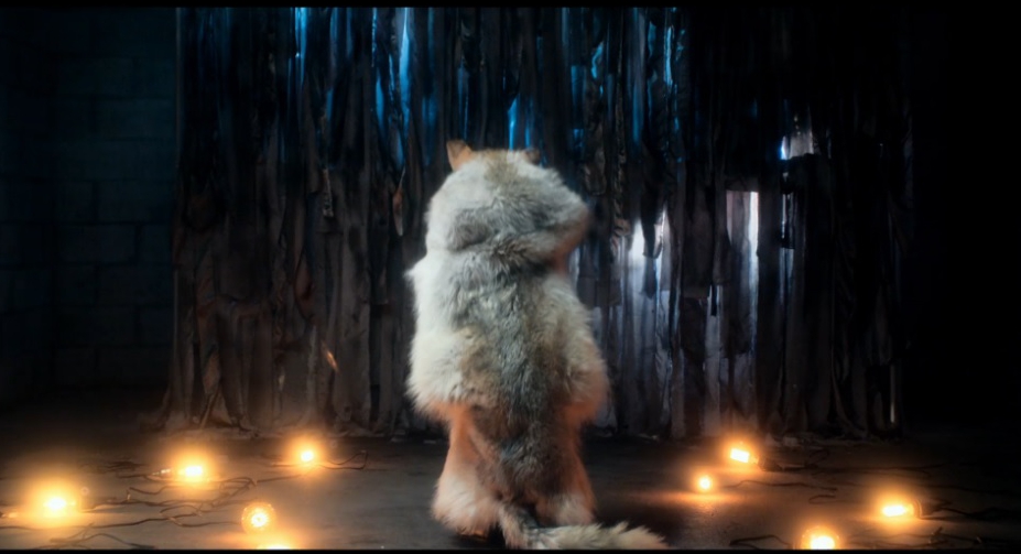 Still from official music video for Phantogram's "Blackout Days" (2013), featuring one of my full hide wolf headdresses